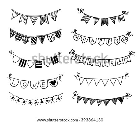 Hand Drawn Doodle Bunting Flags Set. Doodle Birthday Barty Design ...