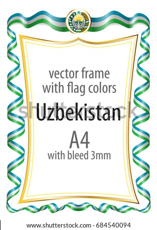 Frame and border  with the coat of arms and ribbon with the colors of the Uzbekistan flag