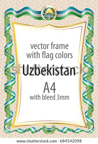 Frame and border  with the coat of arms and ribbon with the colors of the Uzbekistan flag