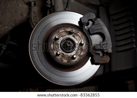 Closeup of brake disc mounted on car