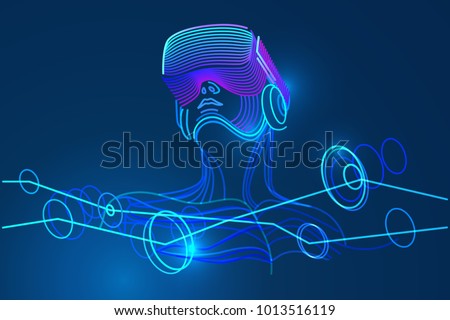 Man wearing virtual reality glasses. Amazing experience in abstract vr world. Vector illustration