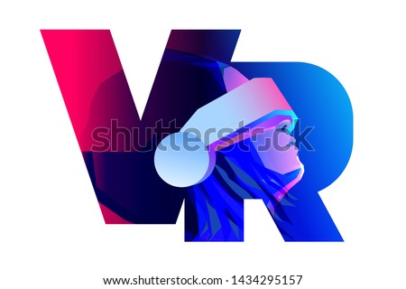 VR letter logo design. Woman wearing virtual or augmented reality glasses. Vector illustration 商業照片 © 