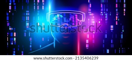 Inside the metaverse. Silhouette of a human face in augmented or virtual reality headset. Abstract digital world on dark blue background. Vector illustration