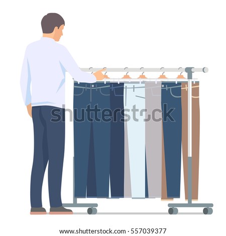 Man near rack with pants. Vector isolated illustration on white background