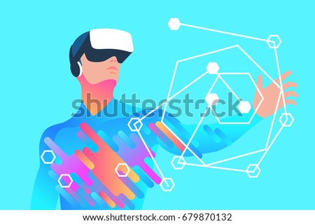 Enthusiastic man using virtual reality glasses and touching vr interface. Vector illustration