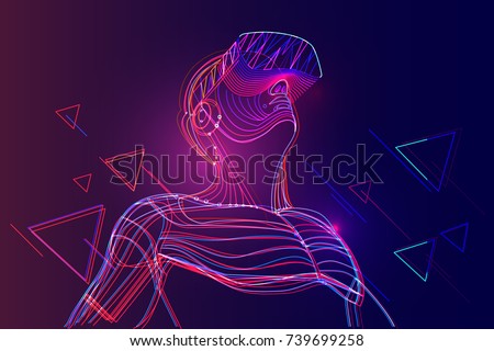 Man wearing virtual reality headset. Abstract vr world with neon lines. Vector illustration 商業照片 © 