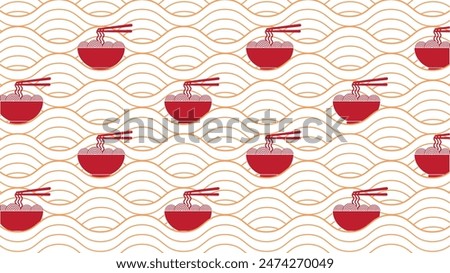 Seamless Asian Noodle Bowl Pattern - This vector illustration features red bowls of noodles with chopsticks on a yellow noodles wave background. Perfect for fabric prints, wallpapers, packaging