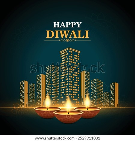 Happy Diwali real estate building with oil lamp Diya vector elements celebration