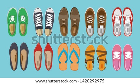 Men's and Women's shoes top view. Shoes icons. Sneakers and Slippers collection. Vector illustration