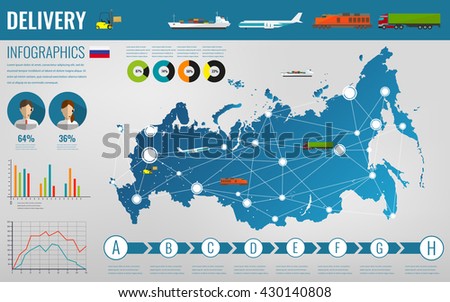 Russian Federation transportation and logistics. Delivery and shipping infographic elements. Vector illustration