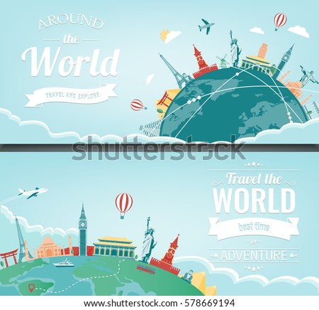 Travel composition with famous world landmarks. Travel and Tourism. Concept website template. Vector. Modern flat design.