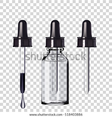 Realistic Transparent Essential Oil Bottle. Mock up Bottle. Cosmetic vial, flask.