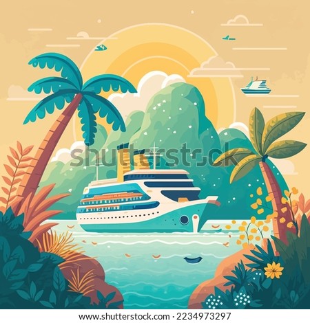 Cruise ship tropical island vacationing background. Luxury voyage cruises on a passenger ship vessel to amazing destinations. Marine relaxation holiday vacation, travel and adventure transport