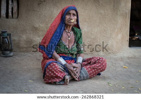 Rohat , INDIA - MARCH 3, 2015: portrait of a Bishnoi woman wearing a nose ring on March 3, 2015, Rohat, India. Bishnois are known as the first environment conservationists in the world.