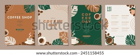 Set of minimal background templates with coffee beans and coffee mug for invitations, cards, banner, brochure, poster, cover, cafe menu or another design. Vector illustration.