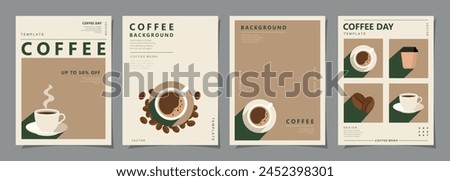 Set of minimal background templates with coffee beans and coffee mug for invitations, cards, banner, brochure, poster, cover, cafe menu or another design. Vector illustration.