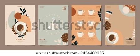 Set of minimal background templates with coffee beans and coffee mug for invitations, cards, banner, brochure, poster, cover, cafe menu or another design.