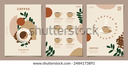 Set of minimal background templates with coffee beans and coffee mug for invitations, cards, banner, brochure, poster, cover, cafe menu or another design. Vector illustration.