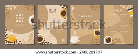 Set of poster design with coffee beans and leaves on minimal background for invitations, cards, banner, paper, cover, cafe menu or another template design. vector illustration.