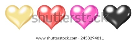 3D vector illustration of a set of shiny heart icons in gold, red, pink and black tones.