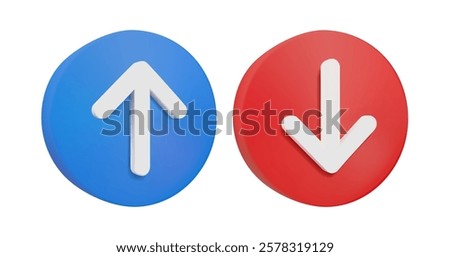 3D vector rendering illustration of up and down arrow icon set, minimalist style, blue and red circle background. With white arrows indicating navigation, uploading and downloading. isolated on white