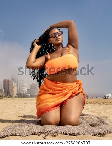 Image, Stock Photo Smiling women in swimsuits on sandy beach near ocean