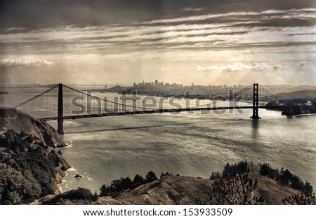View on Golden Gate Bridge and San Francisco, vintage look with added paper texture effect
