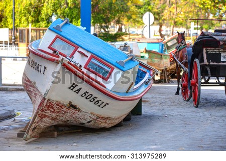 HAVANA, CUBA, FEBRUARY 15, 2013 : A broken old boat standing in the center of town