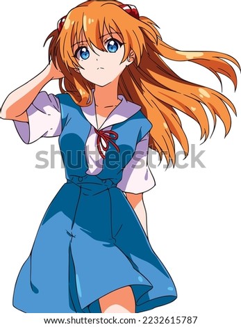 Anime red-haired girl with blue eyes, hair develops in a vertrue, blue school uniform