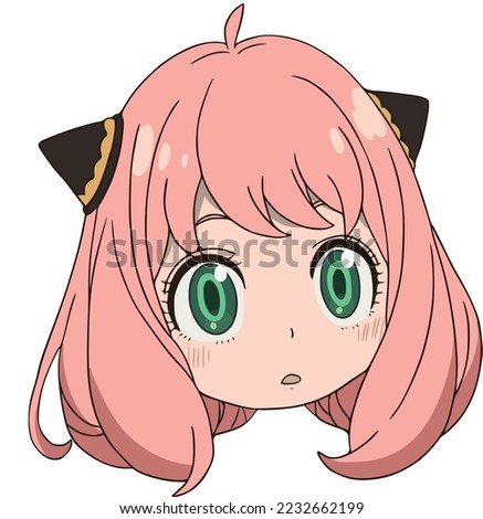 Surprised girl with wide open green eyes, pink blush on her cheeks, the girl has ears and lush pink hair, only a head without a body, pattern