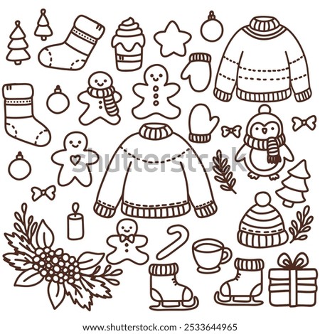 Christmas set featuring cookies, gifts, sweaters, trees, wreaths. Sticker-style design, New Year, penguin