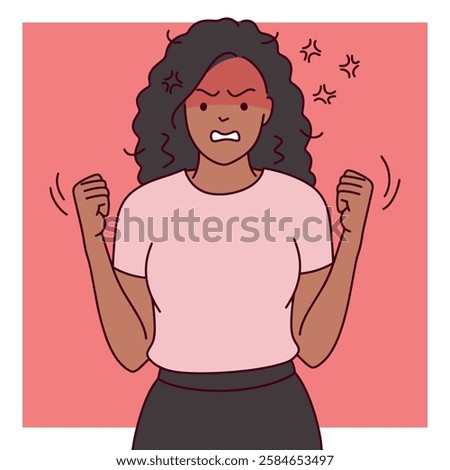 Angry Black Woman Clenching Fists. Frustrated Black woman in a pink shirt clenches fists with a flushed face against a red background.