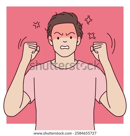 Angry Young Man in Pink Shirt. A furious young man in a pink shirt clenches fists with a flushed face against a pink background.