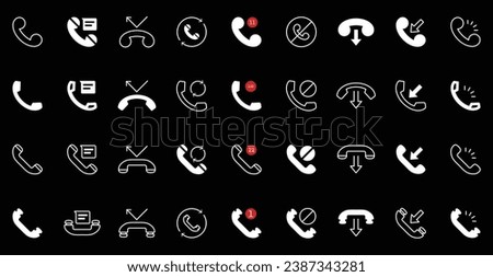 Set of Phone Related Vector Line , Filled Icon Collection. Contains such Icons as Message Calls, Mobile Phone, Incoming call, Mute, Block, Handset, Missed call, Ringing.
