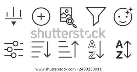 Filter icon vector set. Filter control isolated linear icons. Web icon set, add, A to z. Vector illustration concept.