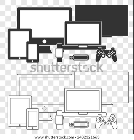 Device icon Linear and filled sets. Computer, mobile, Tv, game, Pen drive, Watch, Tablet icons on Transparency background. Vector illustration concept.