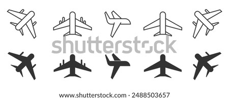 AirPlane icon sets. Travel sign, Flight transport symbol. Linear And filled Professional collection. Vector illustration concept.