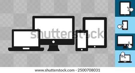 High-quality icons of a laptop, desktop, tablet, and smartphone, plus intuitive touch gestures, ideal for responsive websites, mobile apps, and presentations. vector illustration concept