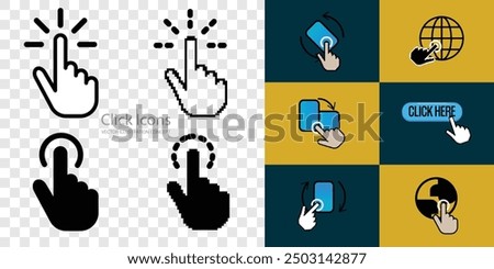 Enhance your digital projects with these versatile click and tap icons, perfect for web design, mobile apps, and interactive interfaces. pixel, vector mouse hand. vector illustration concept.