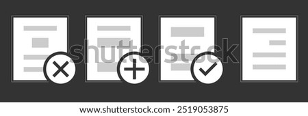 set of document icons! Perfect for managing tasks, approvals, and file actions, these modern icons with clear checkmarks, plus, and X symbols will simplify your project tracking and file organization.