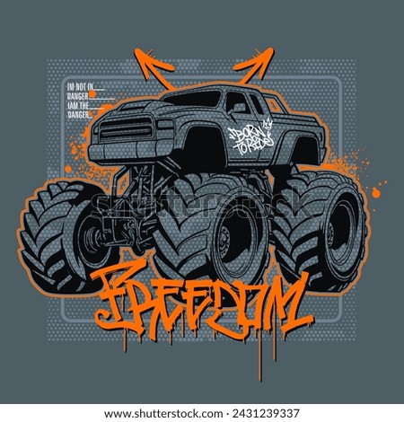 Monster Big car on abstract background typography, vector illustration