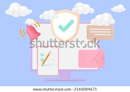 Data security concept. Checkmark and Sheild. alarm bell, bubble message, envelope, and paper checklist. 3d vector illustration.