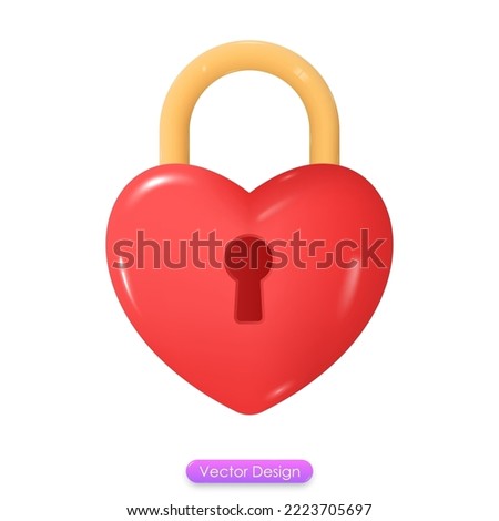 3d icon heart lock isolated on white background. Red heart shaped padlock emoji for social media, mobile app, valentine's day,wedding symbol, romantic love object decoration. 3d vector illustration.