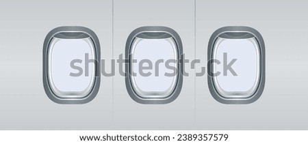 Vector realistic airplane window, Aircraft windows. Airplane indoor portholes, plane interior window and fuselage glass porthole. Plastic or glass plane windows 3d vector isolated