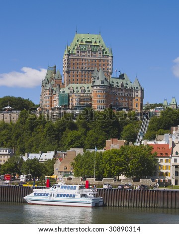 Chateau Frontenac, located in Quebec City, sits majestically over the St. Lawrence Seaway in Canada.