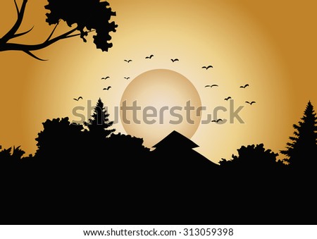 Vector landscape. sunset in the forest
