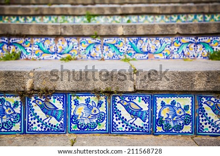 close-up ceramic tiles on the steps named Santa Maria del Monte at Caltagirone, Sicily