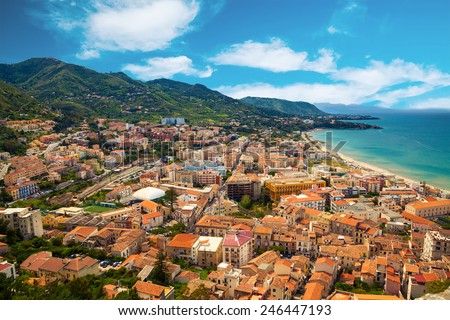 aerial view of Cefalu residential district near the sea, Sicily, Italy