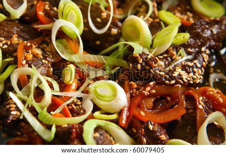 close-up pan with sliced beef, sesame, paprika and and green leek, it is preparation of tasty dinner