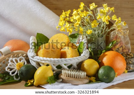 Handmade Natural Yellow Round Citrus Scented Soap in a Basket. Product Photography. Still Life.